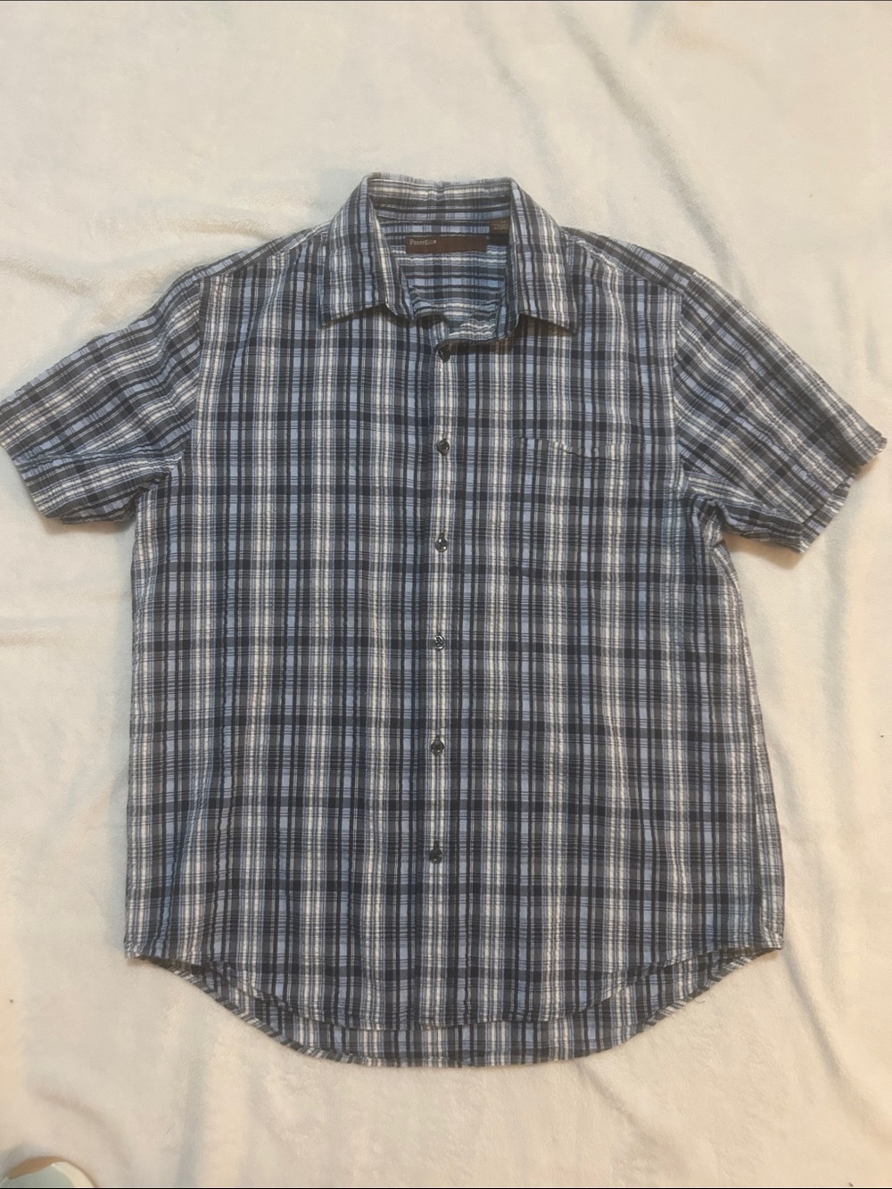 Perry Ellis Men’s Shirt Button Down Short-Sleeve Blue & White Plaid Size Medium